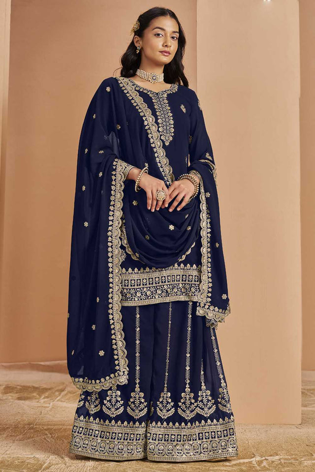 Navy-Blue Embroidered Georgette Sharara Suit Set (ANAYA VOL-211-c)