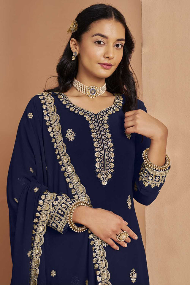 Navy-Blue Embroidered Georgette Sharara Suit Set (ANAYA VOL-211-c)