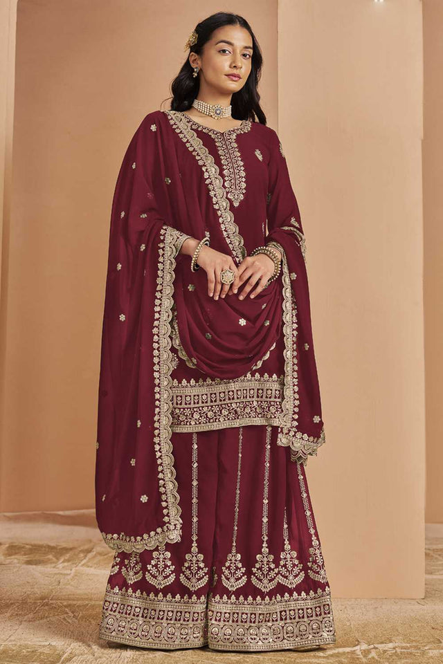 Maroon Embroidered Georgette Sharara Suit Set (ANAYA VOL-211-d)