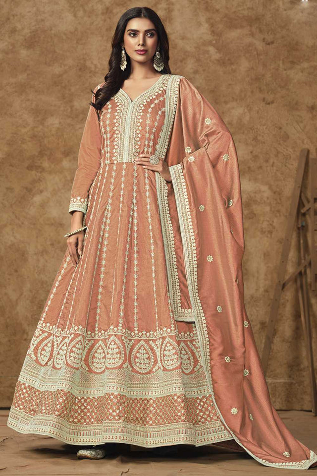 Orange Embroidered Silk Gown (ANAYA VOL-214-d)