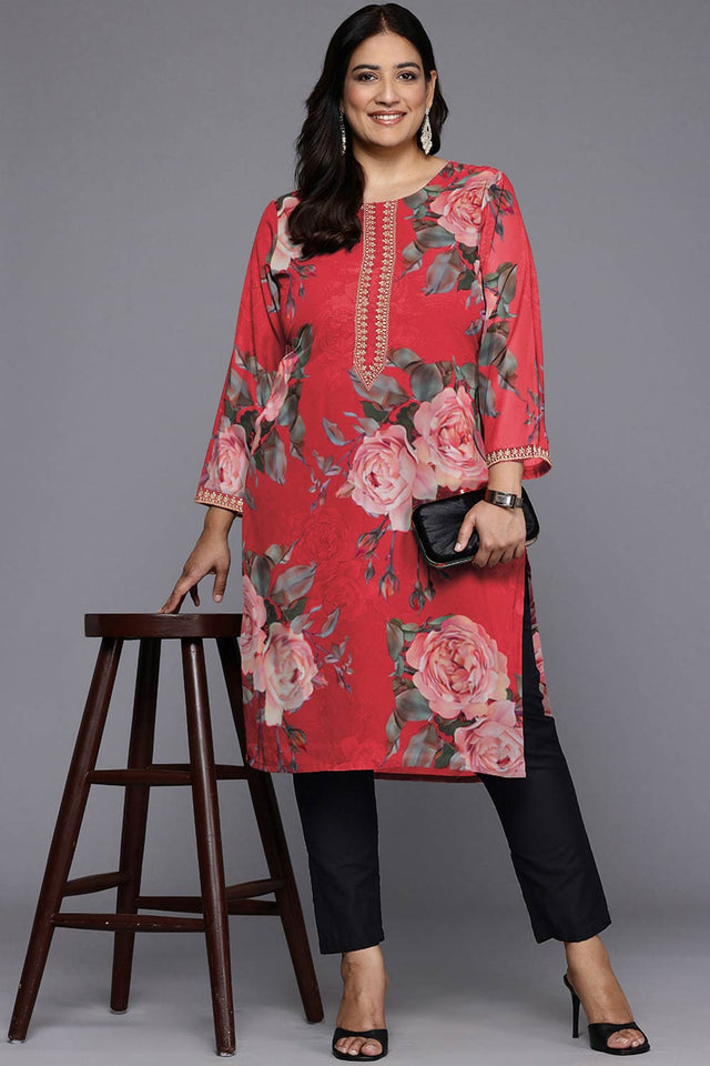 Red Georgette Printed Round Neck Kurti (AP-AHKUGRDP-1139)