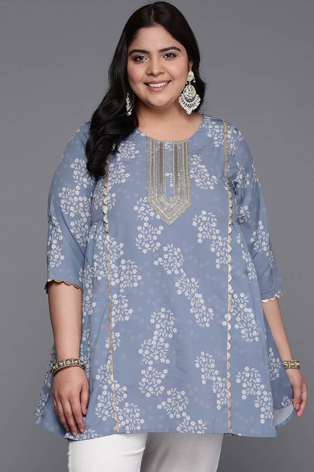 Grey Crepe Printed Round Neck Tunics