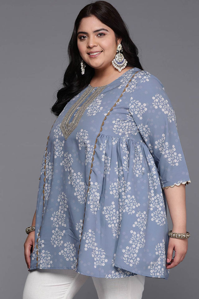 Grey Crepe Printed Round Neck Tunics