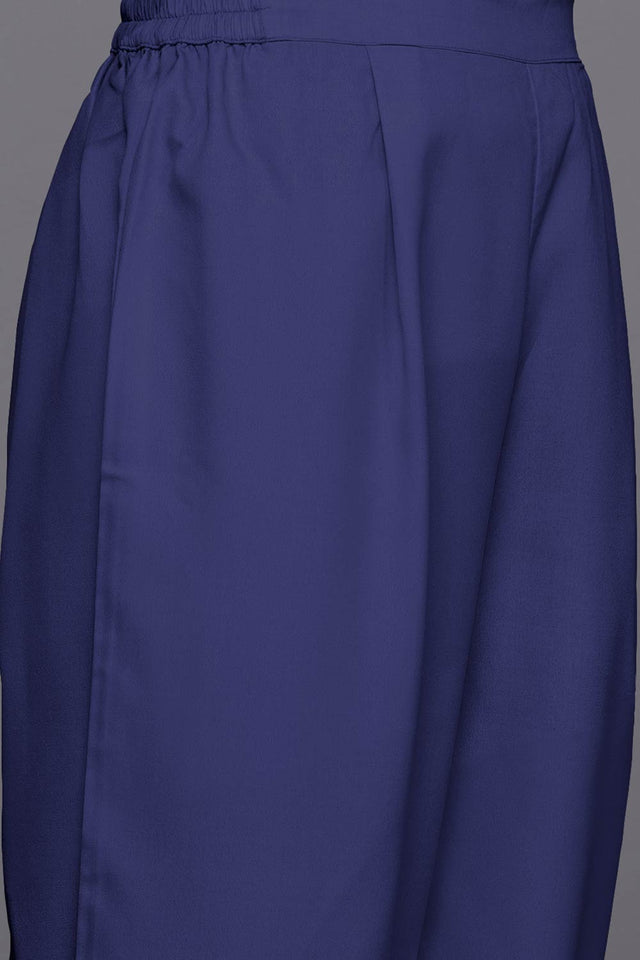 Navy Blue Cotton Blend Solid Straight V-Neck Co-Ord Set