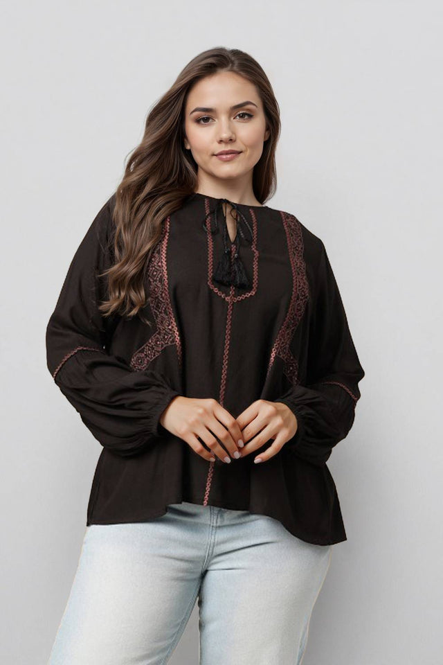 Black Embroidered Viscose Tops & Tunics