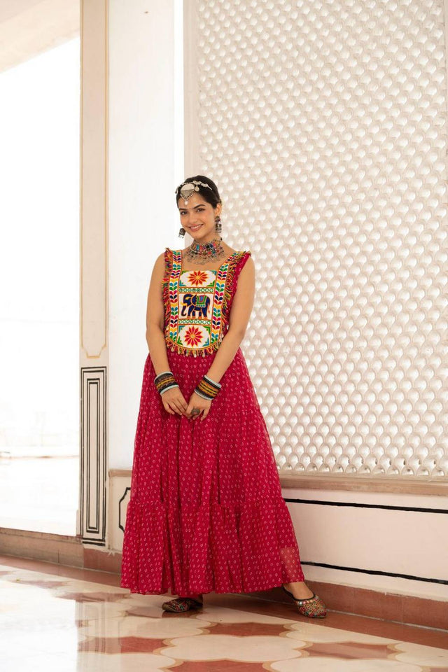 Red Embroidered Georgette Gown