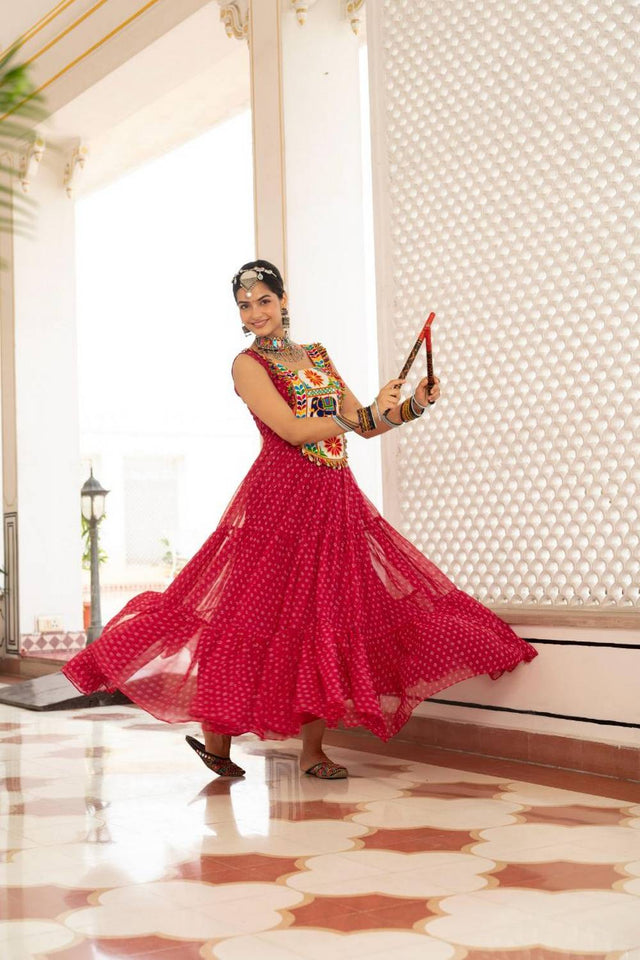 Red Embroidered Georgette Gown