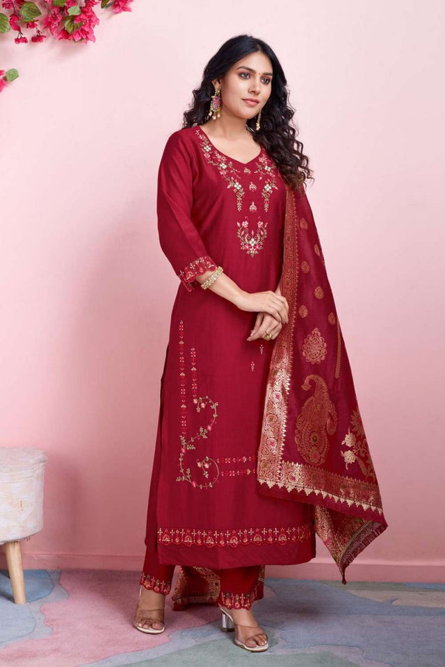Red Embroidered Viscose Silk Kurti Pant Set