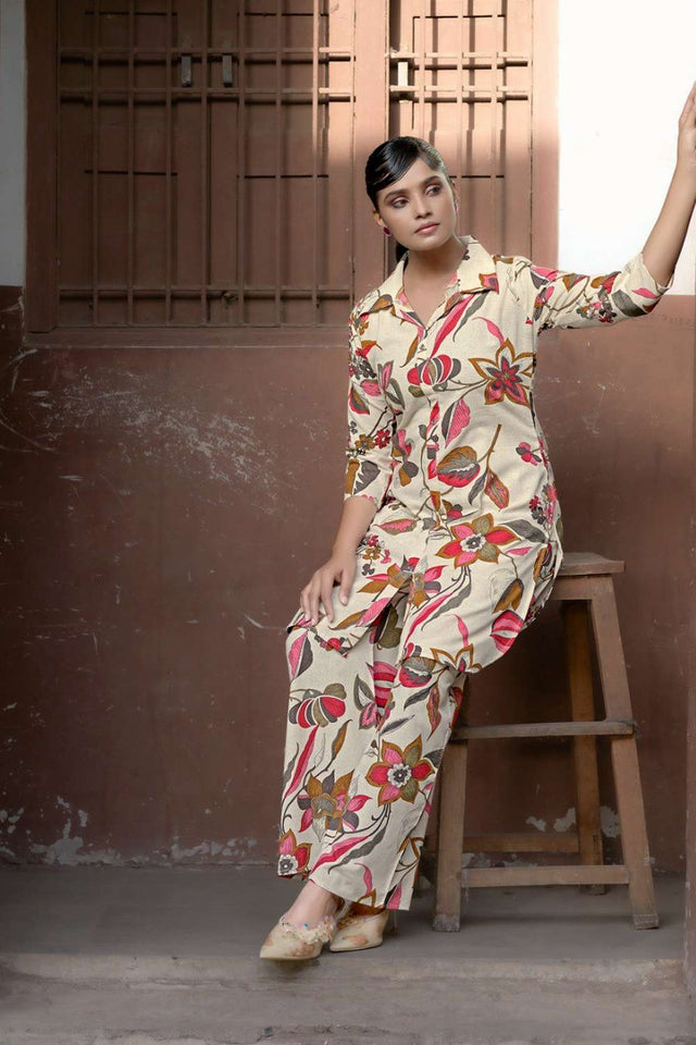 Cream Printed Cotton Co-Ord Set