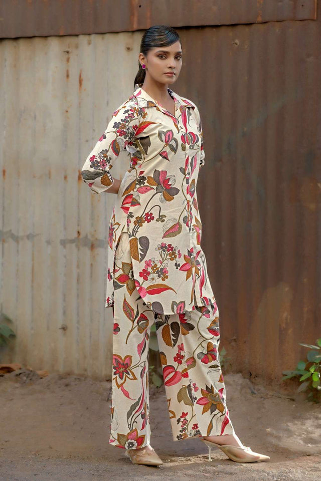 Cream Printed Cotton Co-Ord Set