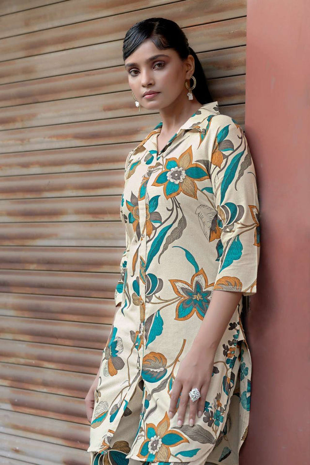 Cream Printed Cotton Co-Ord Set