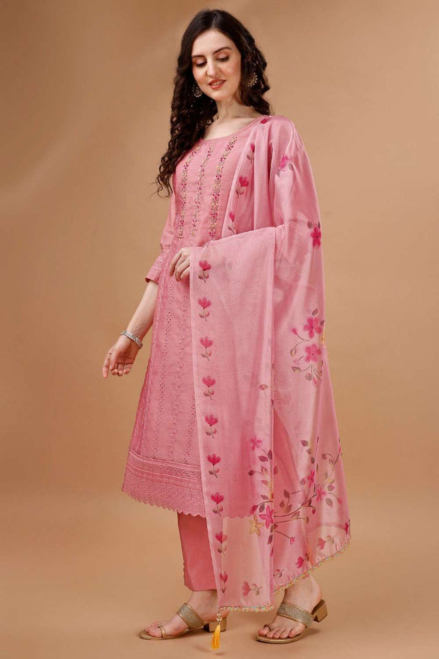 Peach Embroidered Chanderi Silk Kurti Pant Set