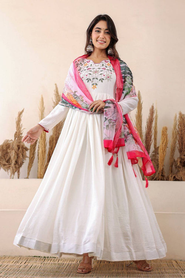 White Embroidered Vichitra Silk Gown