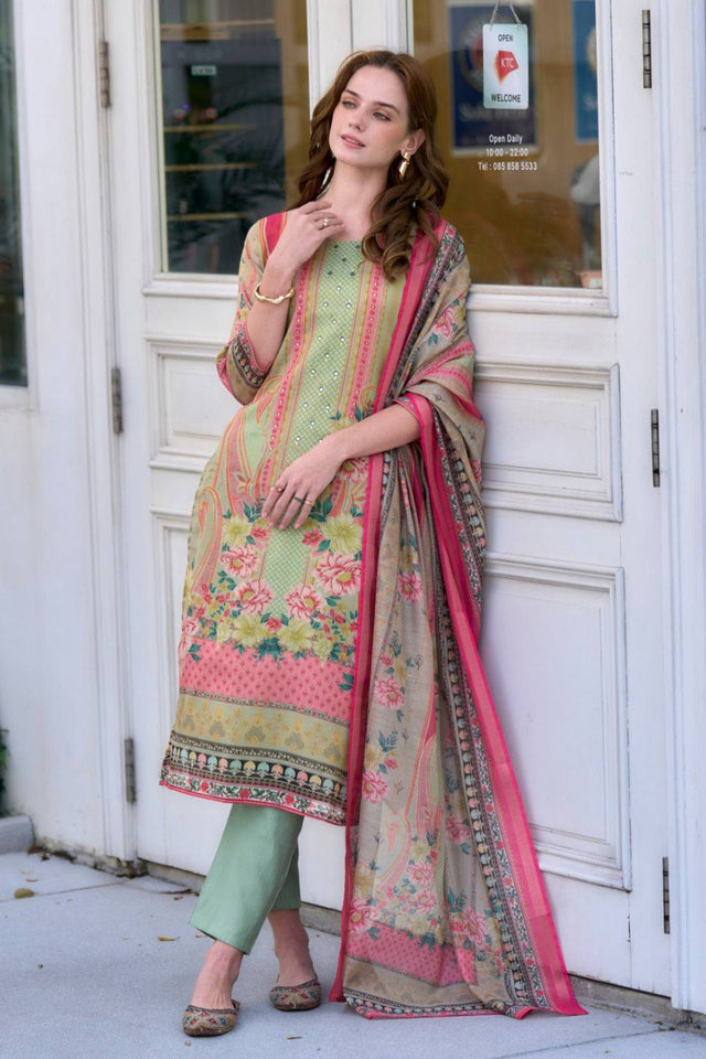 Green Floral Printed Silk Kurti Pant Set