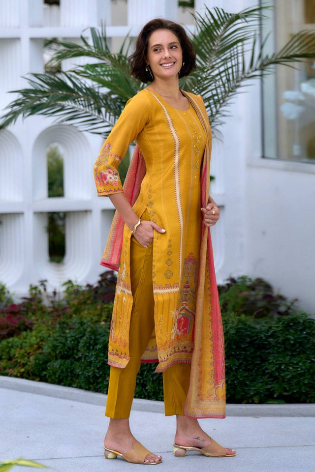 Yellow Embroidered Silk Kurti Pant Set