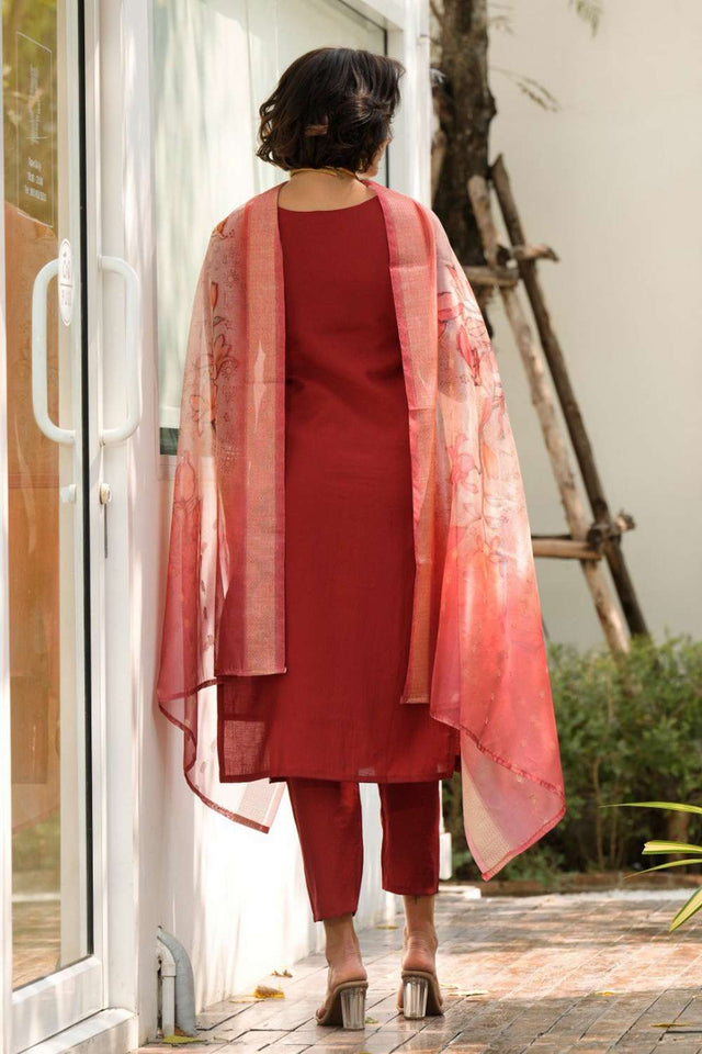 Maroon Embroidered Viscose Rayon Kurti Pant Set