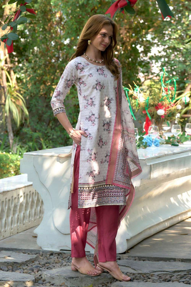 White Embroidered Cotton Kurti Pant Set