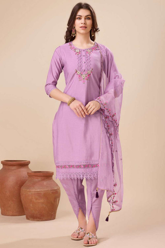 Lavender Embroidered Viscose Silk Patiala Suit Set