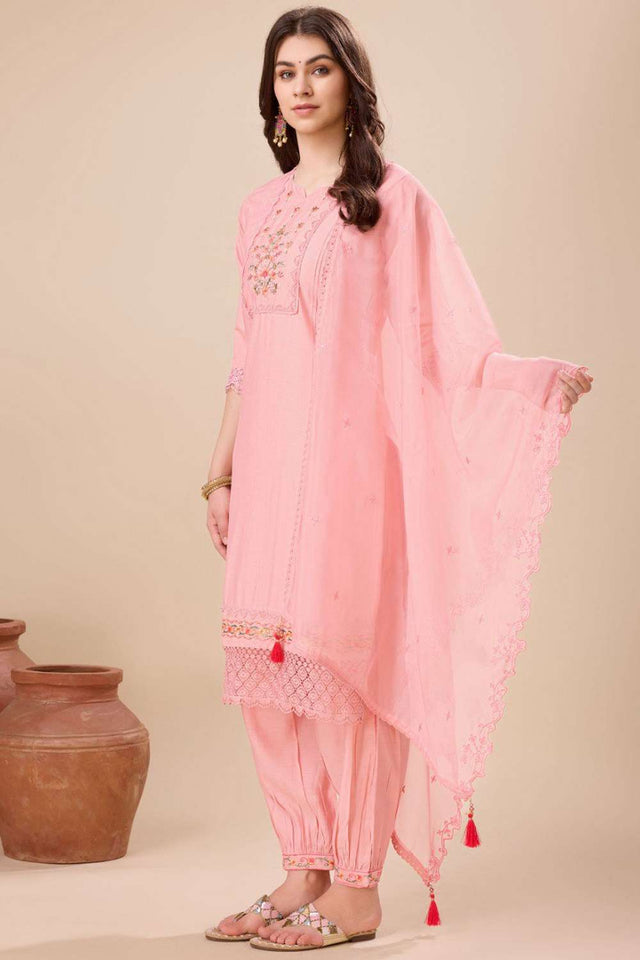 Peach Embroidered Viscose Silk Kurti Pant Set