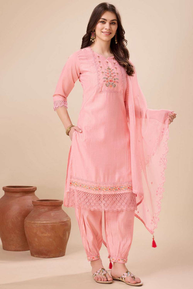 Peach Embroidered Viscose Silk Kurti Pant Set