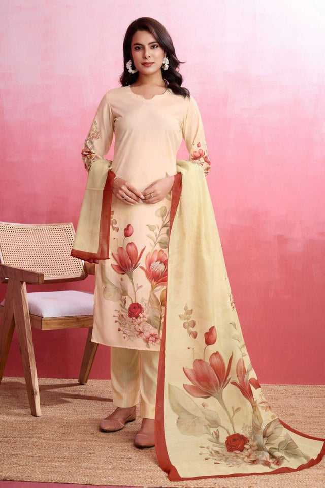 Beige Printed Crepe Kurti Pant Set