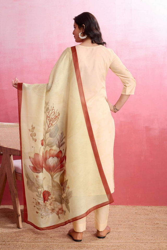 Beige Printed Crepe Kurti Pant Set