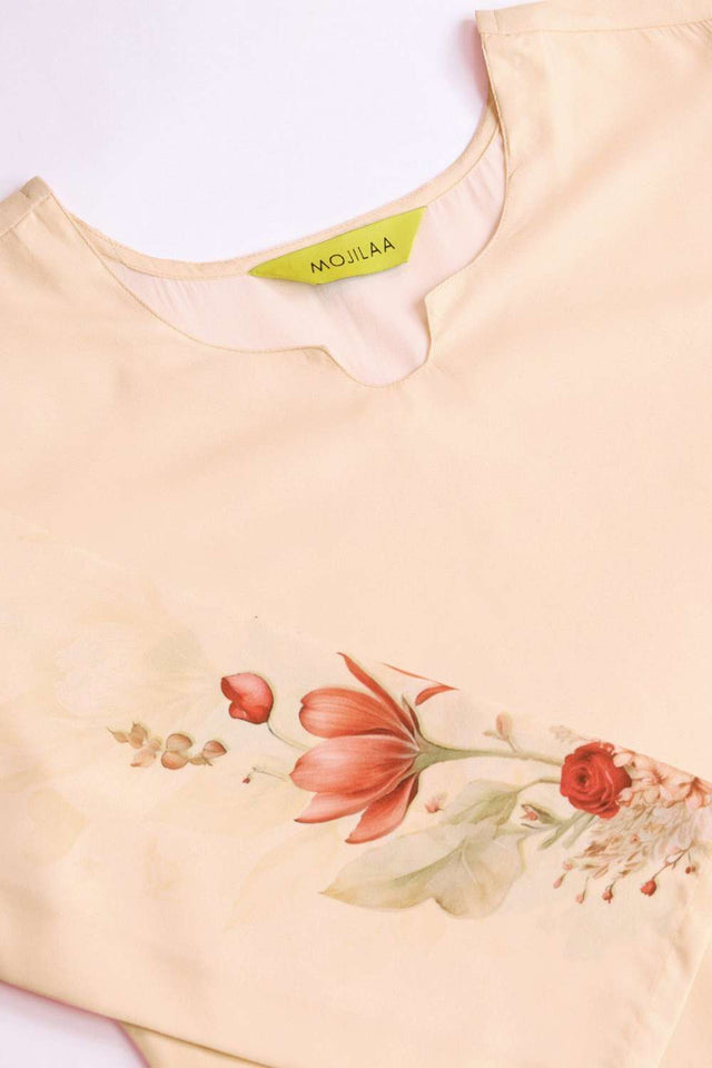 Beige Printed Crepe Kurti Pant Set