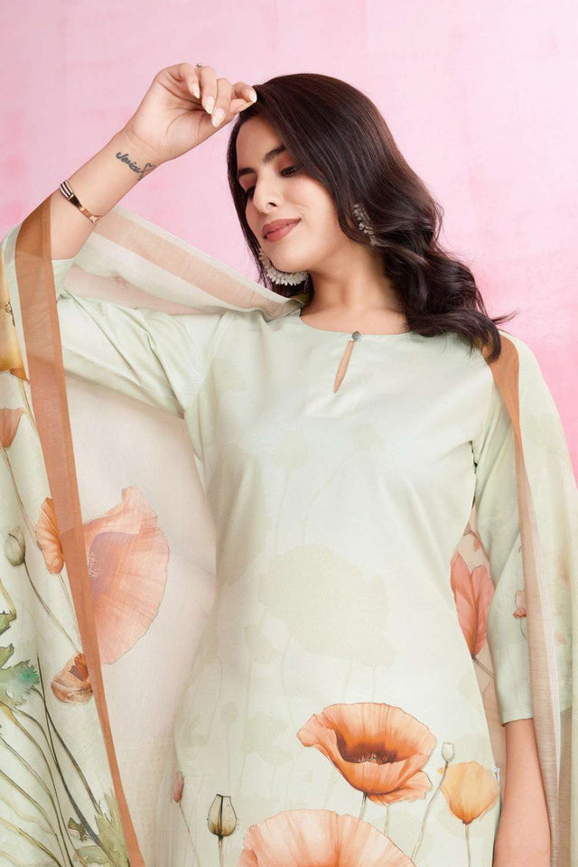 Cream Printed Crepe Kurti Pant Set
