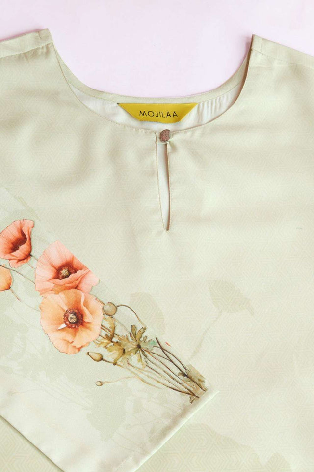 Cream Printed Crepe Kurti Pant Set