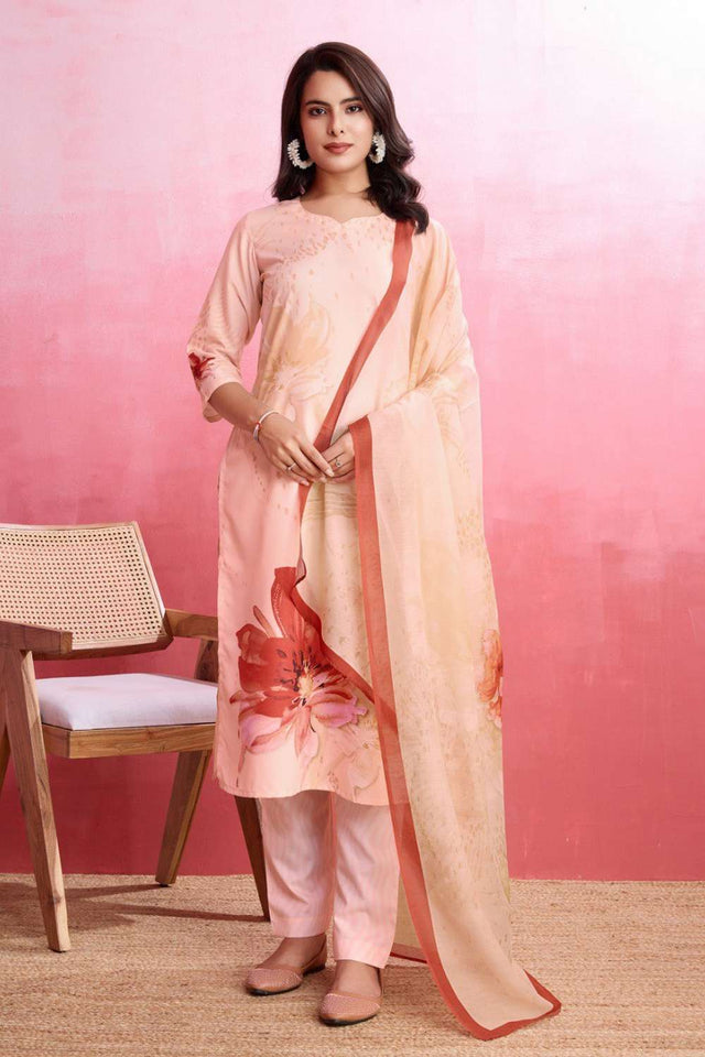 Peach Printed Crepe Kurti Pant Set