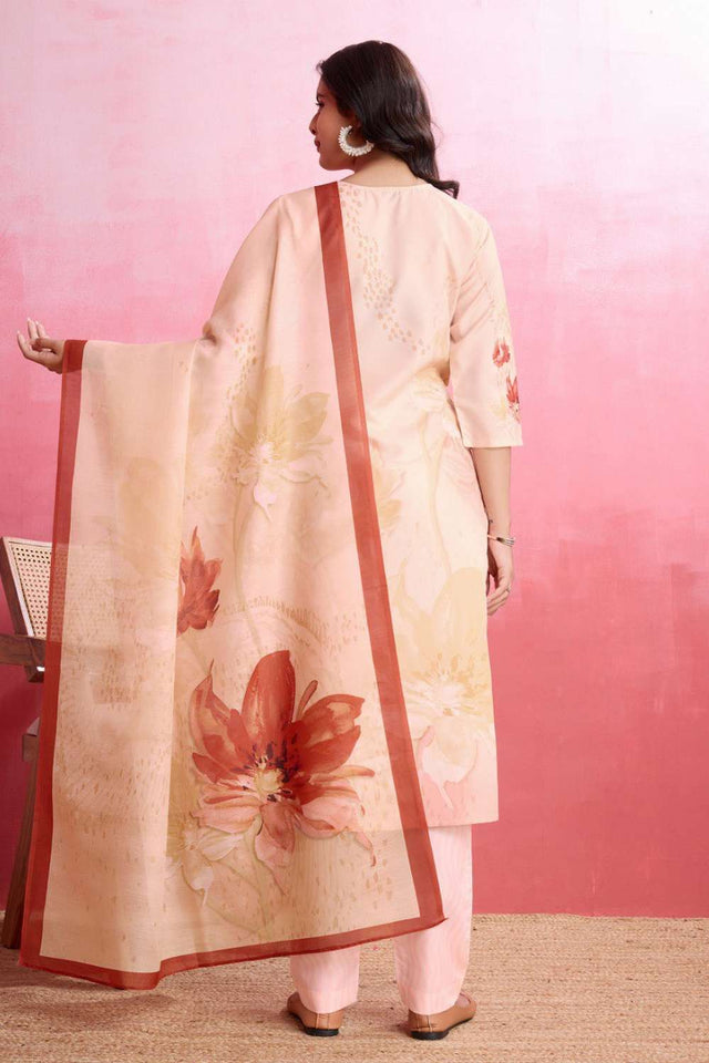 Peach Printed Crepe Kurti Pant Set