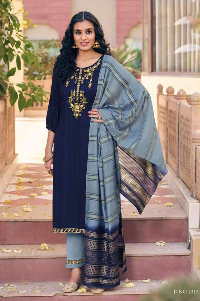 Blue Embroidered Viscose Rayon Kurti Pant Set