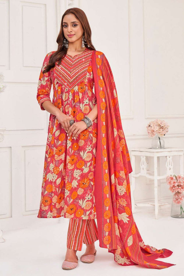 Peach Printed Cotton Kurti Pant Set