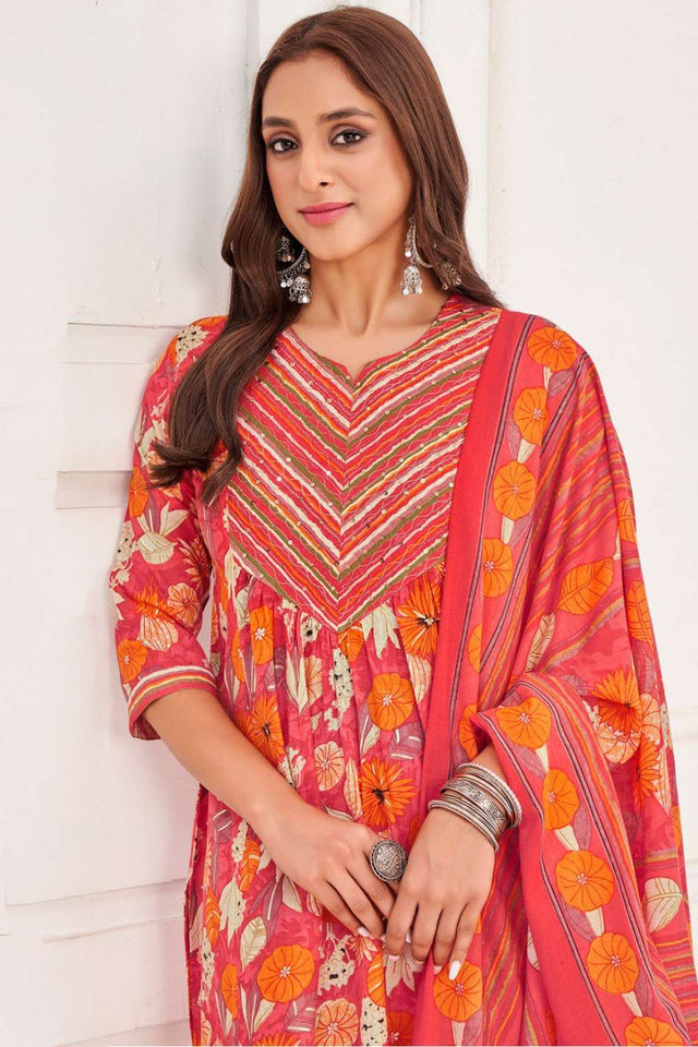 Peach Printed Cotton Kurti Pant Set