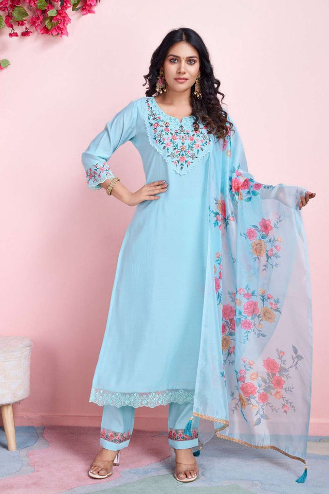 Sky Blue Embroidered Viscose Silk Kurti Pant Set