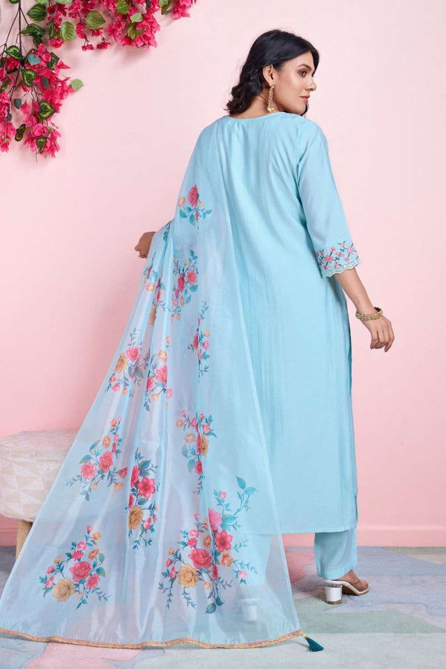 Sky Blue Embroidered Viscose Silk Kurti Pant Set