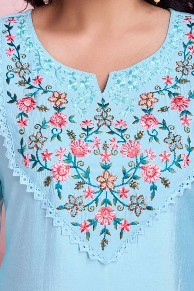 Sky Blue Embroidered Viscose Silk Kurti Pant Set