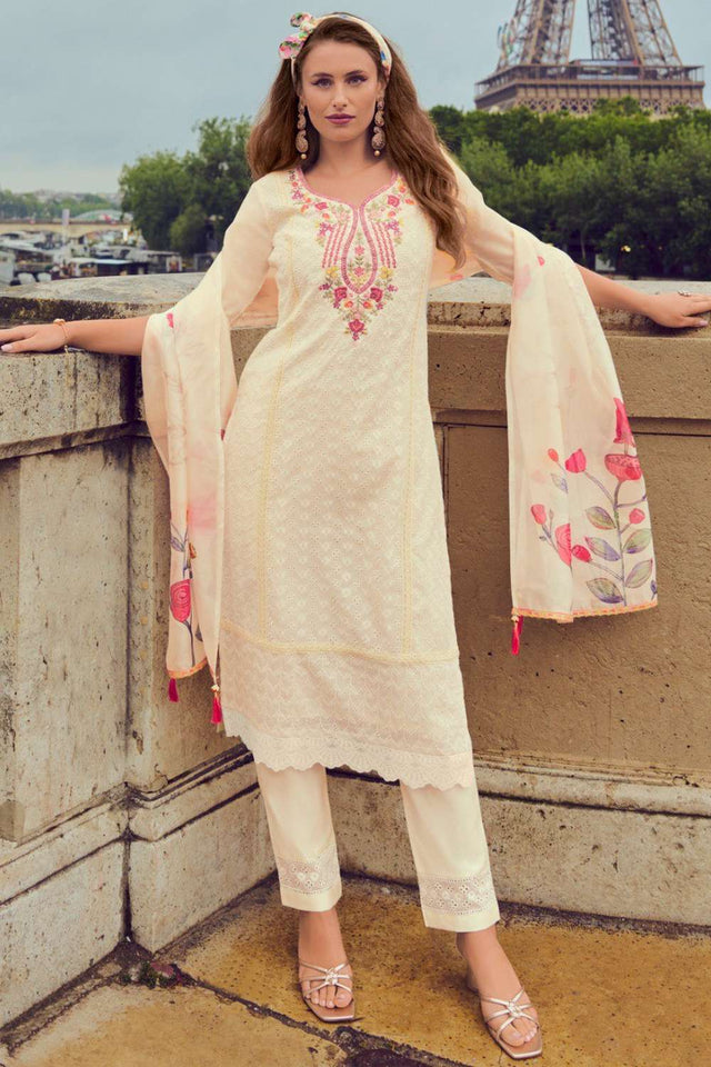 Off White Embroidered Chanderi Silk Kurti Pant Set