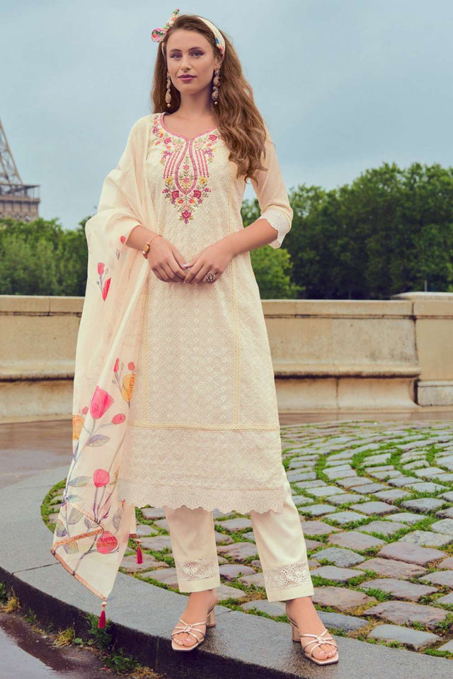 Off White Embroidered Chanderi Silk Kurti Pant Set