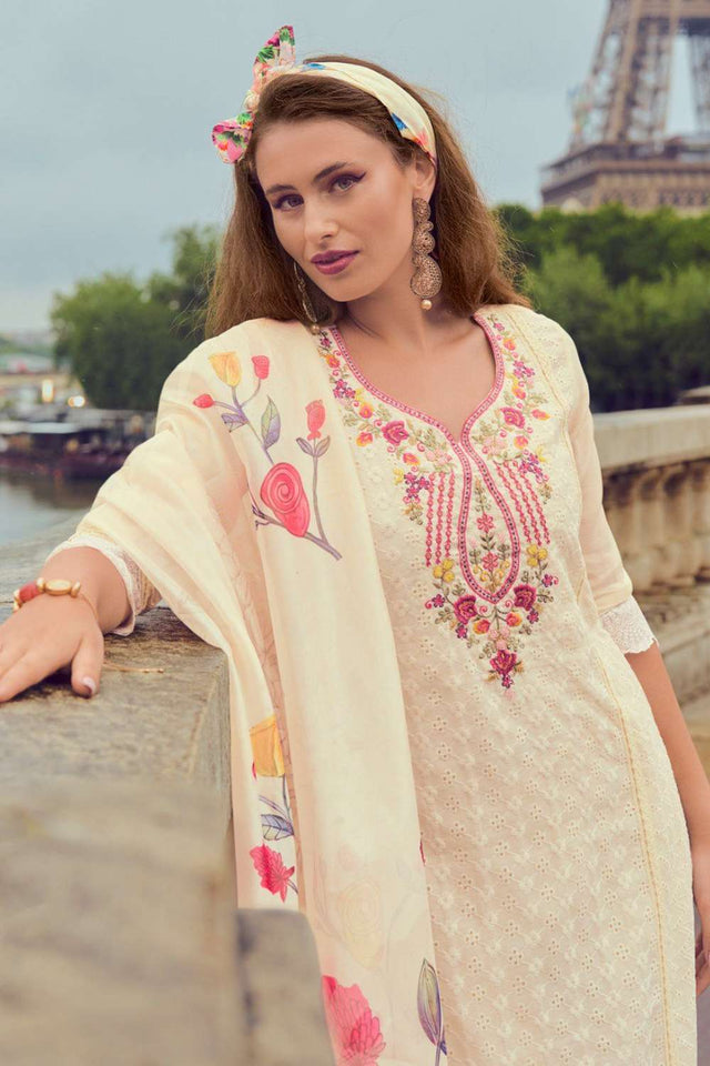 Off White Embroidered Chanderi Silk Kurti Pant Set