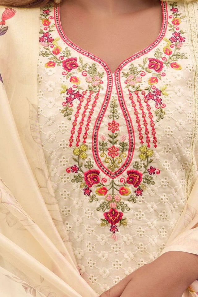 Off White Embroidered Chanderi Silk Kurti Pant Set