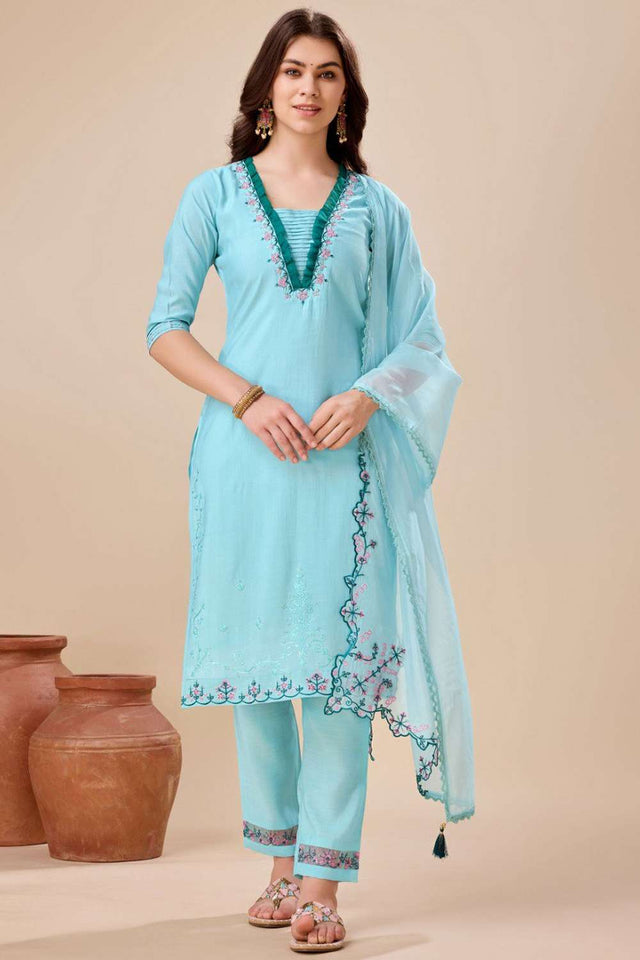Sky Blue Embroidered Viscose Silk Kurti Pant Set