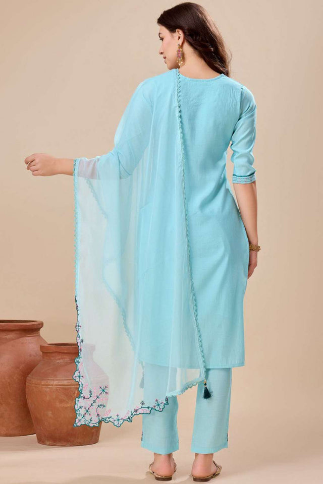 Sky Blue Embroidered Viscose Silk Kurti Pant Set
