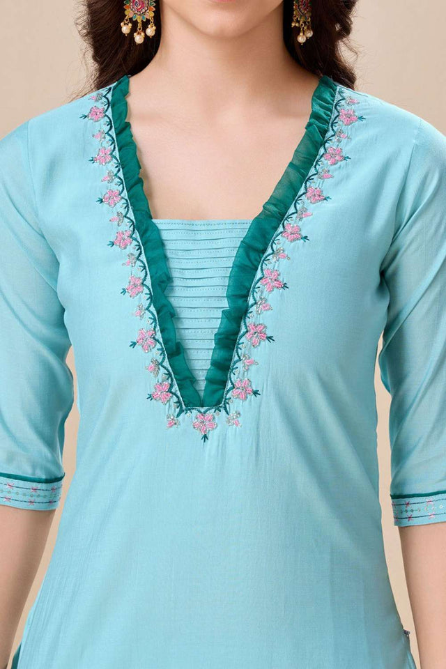 Sky Blue Embroidered Viscose Silk Kurti Pant Set