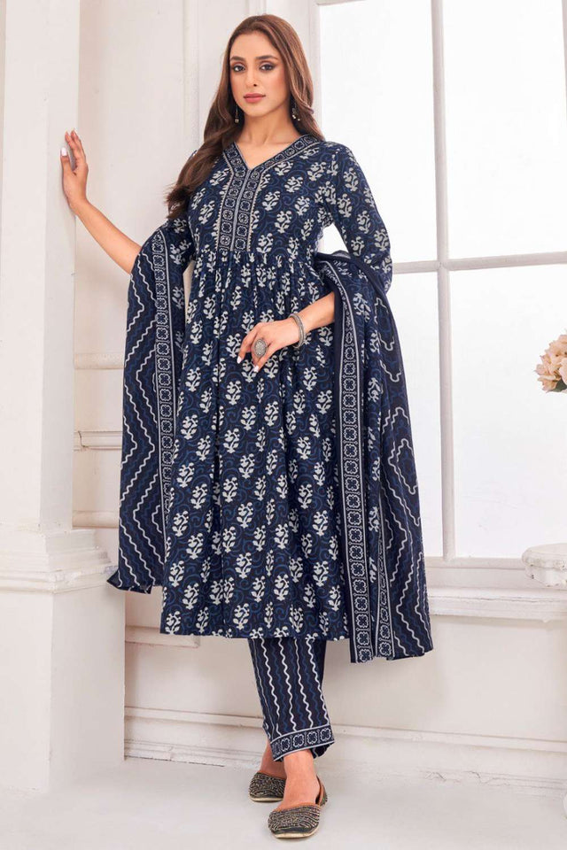 Navy Blue Printed Cotton Kurti Pant Set