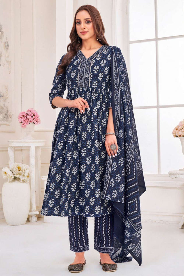 Navy Blue Printed Cotton Kurti Pant Set