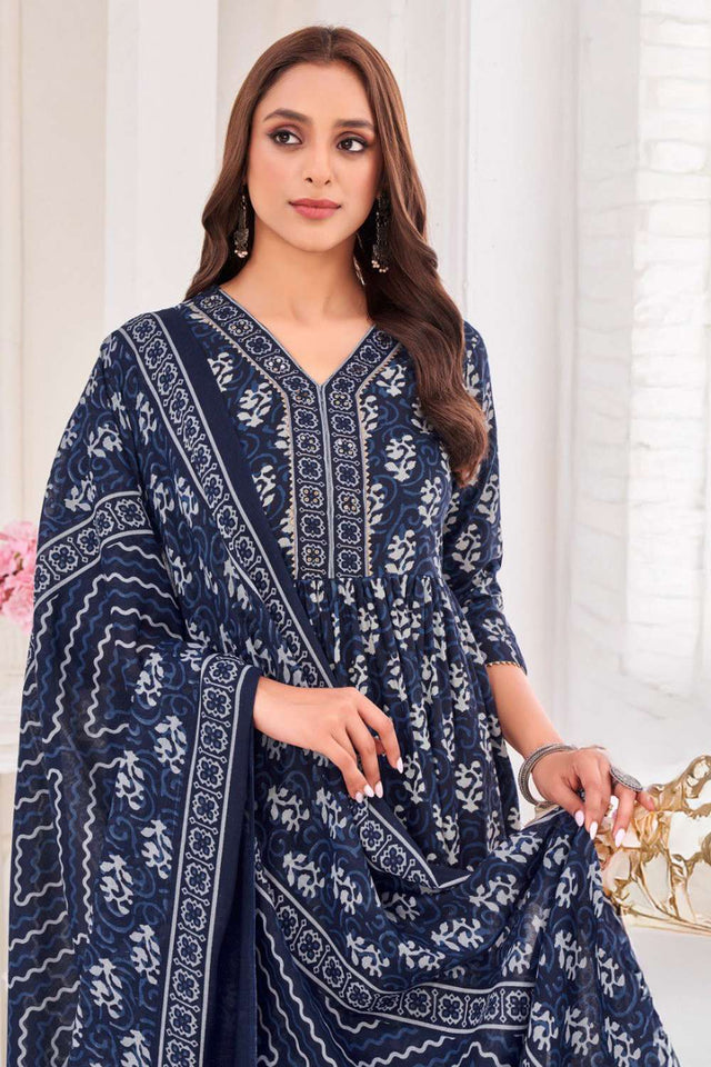Navy Blue Printed Cotton Kurti Pant Set