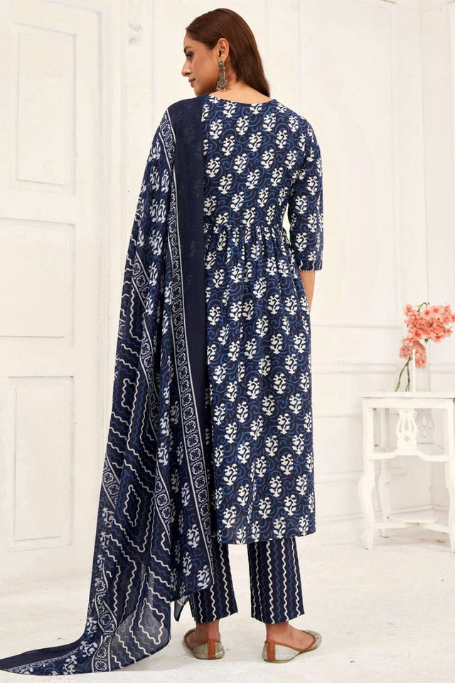 Navy Blue Printed Cotton Kurti Pant Set