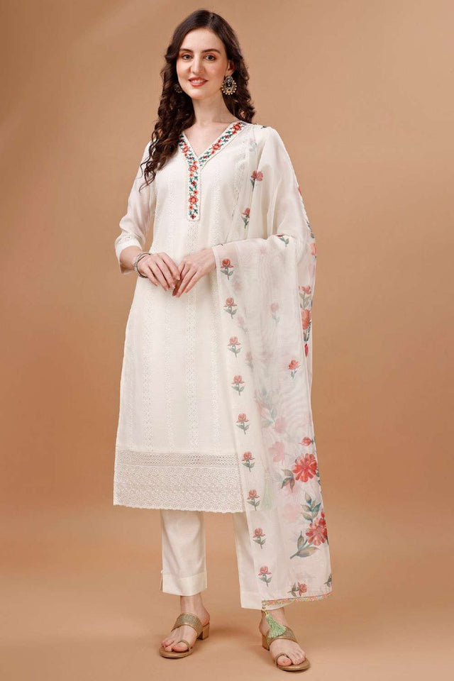 White Embroidered Chanderi Silk Kurti Pant Set