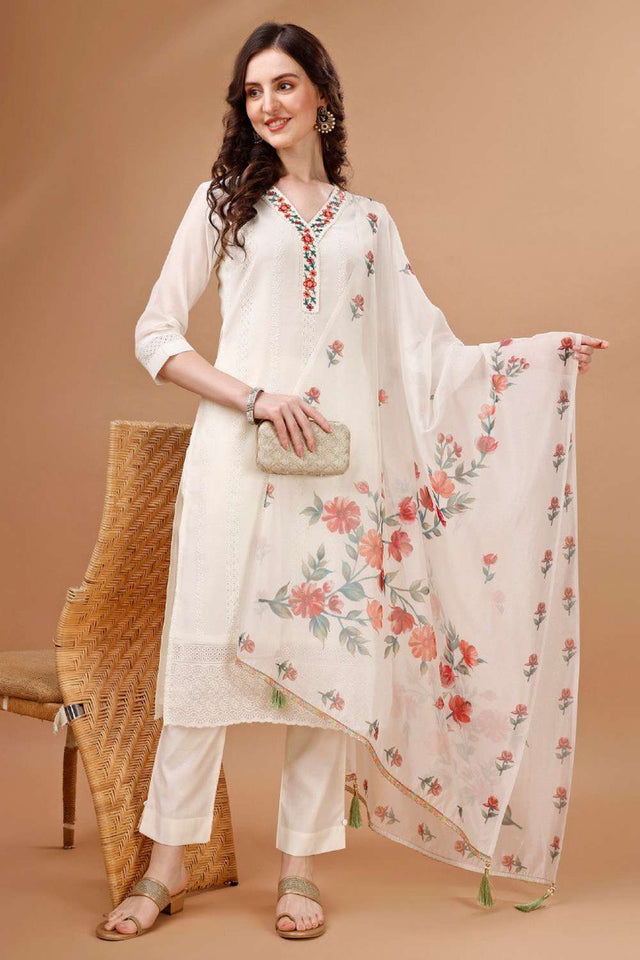White Embroidered Chanderi Silk Kurti Pant Set